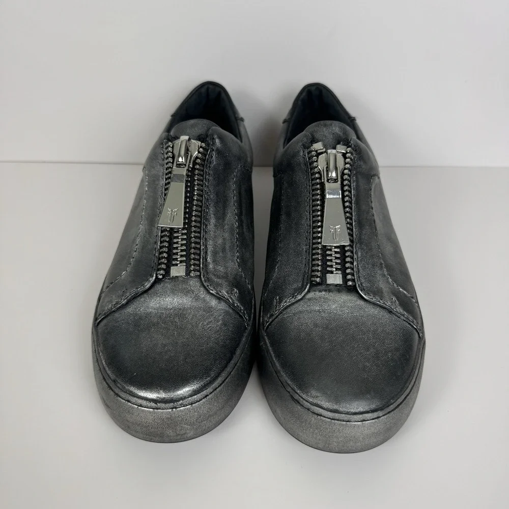 Frye Shoes Women's Sz 6.5 Lena Low Zip Up Leather Casual Sneaker Silver Metallic